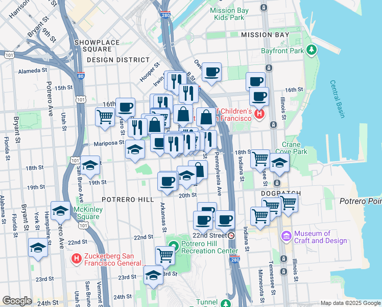map of restaurants, bars, coffee shops, grocery stores, and more near 311 Texas Street in San Francisco