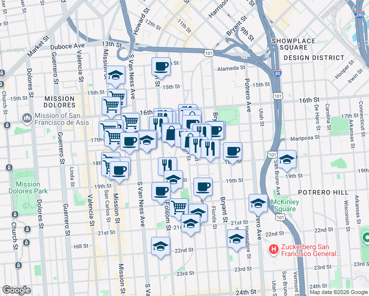 map of restaurants, bars, coffee shops, grocery stores, and more near 3118 18th Street in San Francisco