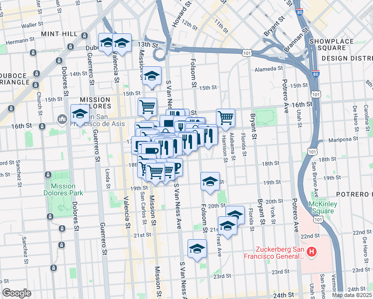 map of restaurants, bars, coffee shops, grocery stores, and more near in San Francisco