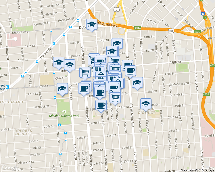 map of restaurants, bars, coffee shops, grocery stores, and more near 661 Valencia Street in San Francisco
