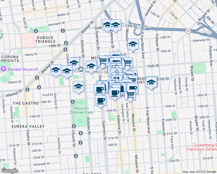 map of restaurants, bars, coffee shops, grocery stores, and more near 16 Bird Street in San Francisco