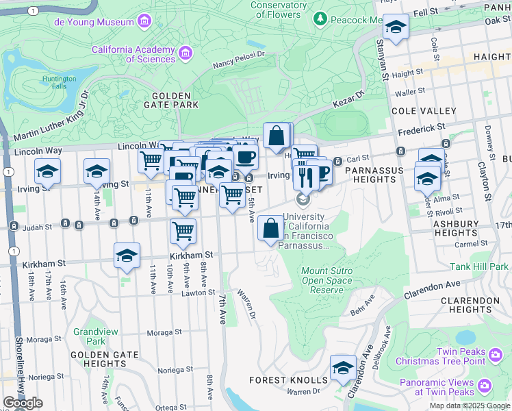map of restaurants, bars, coffee shops, grocery stores, and more near 740 Parnassus Avenue in San Francisco