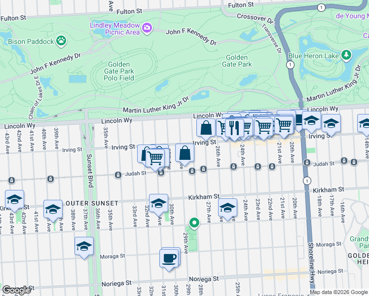 map of restaurants, bars, coffee shops, grocery stores, and more near 1331 28th Avenue in San Francisco