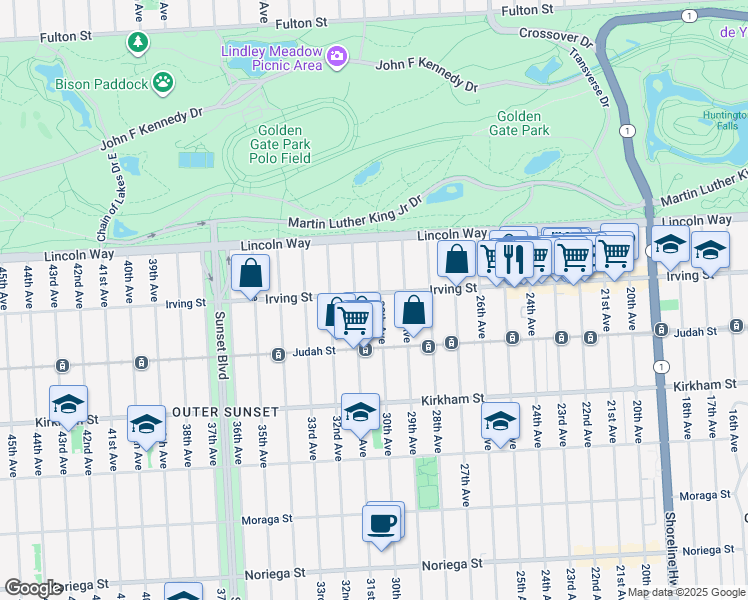 map of restaurants, bars, coffee shops, grocery stores, and more near 1330 30th Avenue in San Francisco
