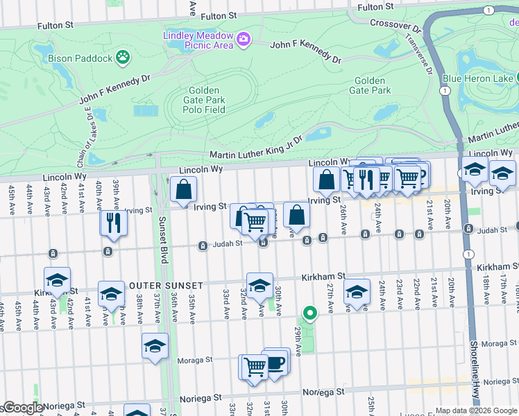 map of restaurants, bars, coffee shops, grocery stores, and more near 1325 31st Avenue in San Francisco