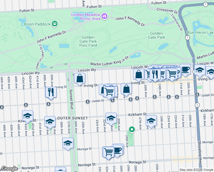 map of restaurants, bars, coffee shops, grocery stores, and more near 1325 31st Avenue in San Francisco