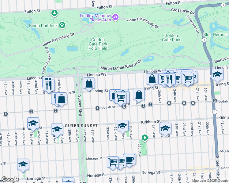 map of restaurants, bars, coffee shops, grocery stores, and more near 1319 32nd Avenue in San Francisco