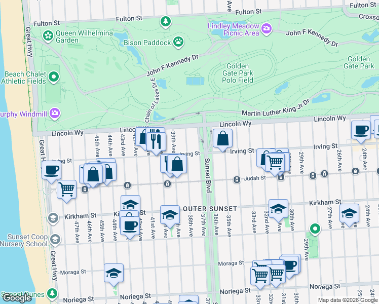 map of restaurants, bars, coffee shops, grocery stores, and more near 3701 Irving Street in San Francisco
