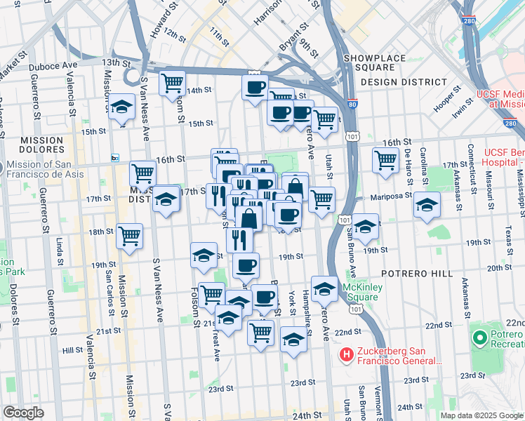map of restaurants, bars, coffee shops, grocery stores, and more near 1940 Bryant Street in San Francisco