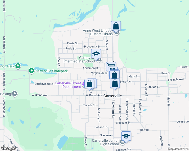 map of restaurants, bars, coffee shops, grocery stores, and more near 101-199 N Locust St in Carterville