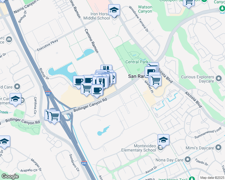 map of restaurants, bars, coffee shops, grocery stores, and more near 2440 Camino Ramon in San Ramon