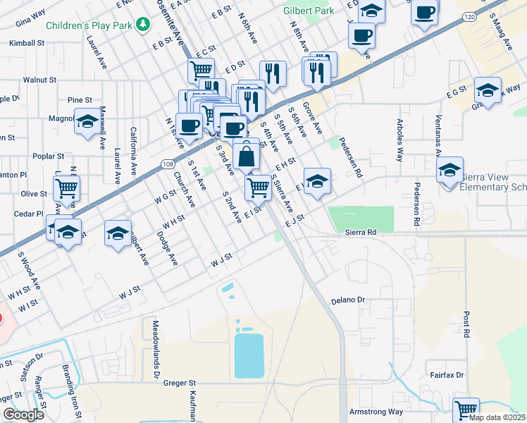 map of restaurants, bars, coffee shops, grocery stores, and more near 424 South Yosemite Avenue in Oakdale