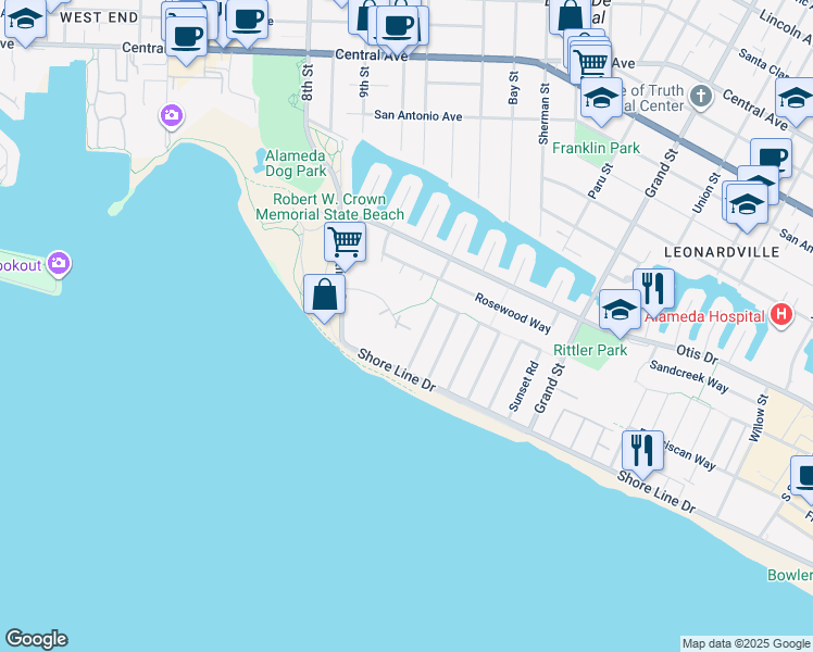 map of restaurants, bars, coffee shops, grocery stores, and more near 955 Shorepoint Court in Alameda