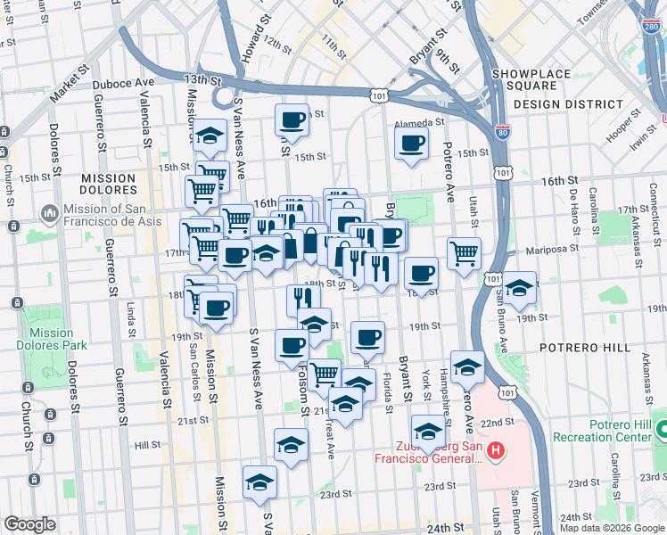 map of restaurants, bars, coffee shops, grocery stores, and more near 3118 18th Street in San Francisco