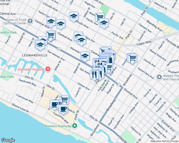map of restaurants, bars, coffee shops, grocery stores, and more near 2249 San Antonio Avenue in Alameda