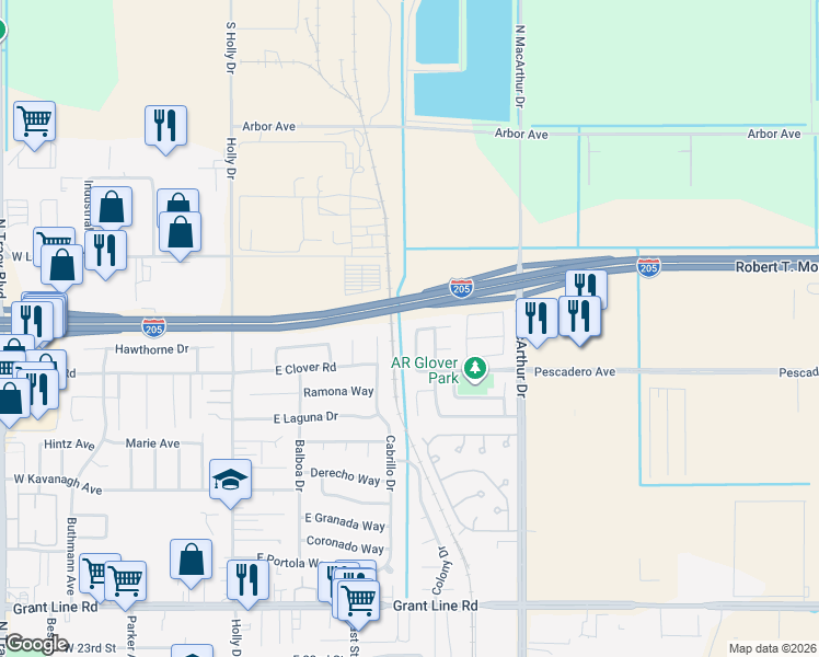 map of restaurants, bars, coffee shops, grocery stores, and more near 3547 Mary Jean Lane in Tracy