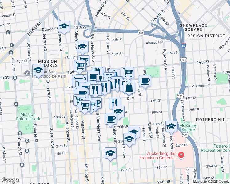 map of restaurants, bars, coffee shops, grocery stores, and more near 2169 Folsom Street in San Francisco