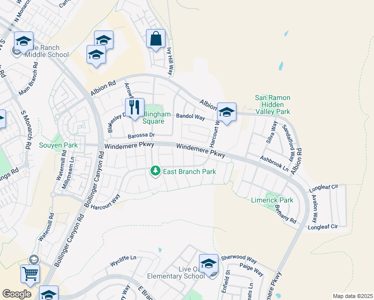 map of restaurants, bars, coffee shops, grocery stores, and more near 224 Riverland Court in San Ramon