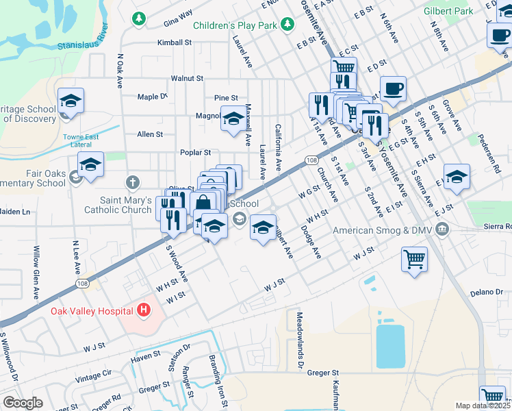 map of restaurants, bars, coffee shops, grocery stores, and more near 636 West G Street in Oakdale