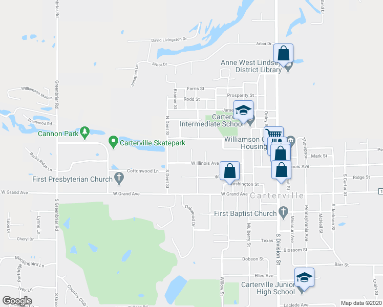 map of restaurants, bars, coffee shops, grocery stores, and more near 101 Vera Street in Carterville