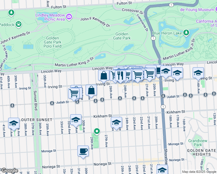map of restaurants, bars, coffee shops, grocery stores, and more near 1334 27th Avenue in San Francisco