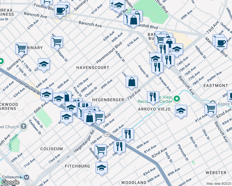 map of restaurants, bars, coffee shops, grocery stores, and more near 7203 Holly Street in Oakland
