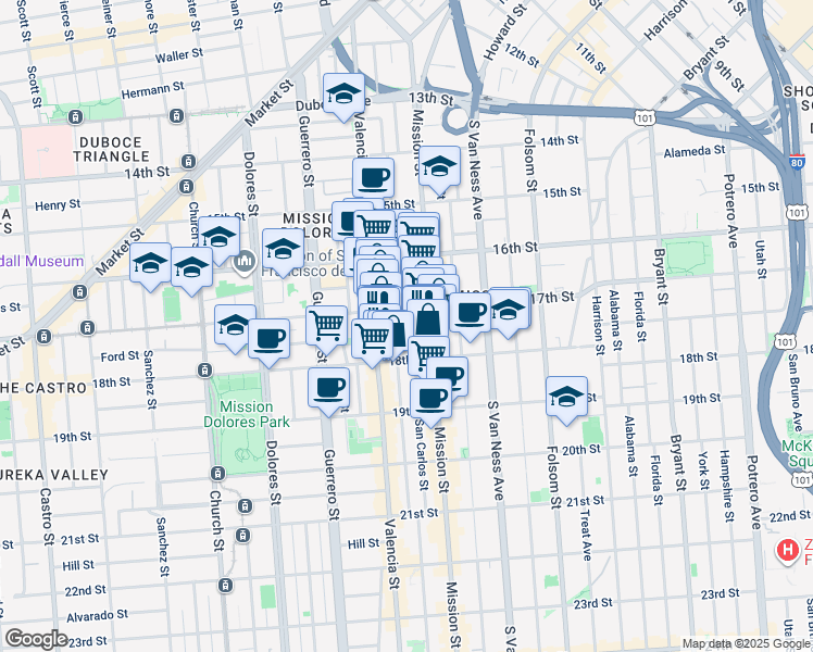 map of restaurants, bars, coffee shops, grocery stores, and more near 661 Valencia Street in San Francisco