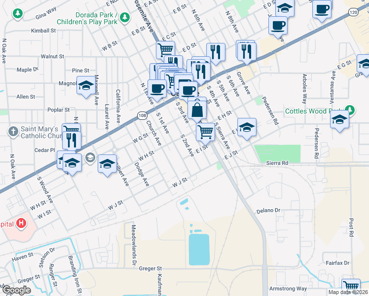 map of restaurants, bars, coffee shops, grocery stores, and more near 349 South 1st Avenue in Oakdale
