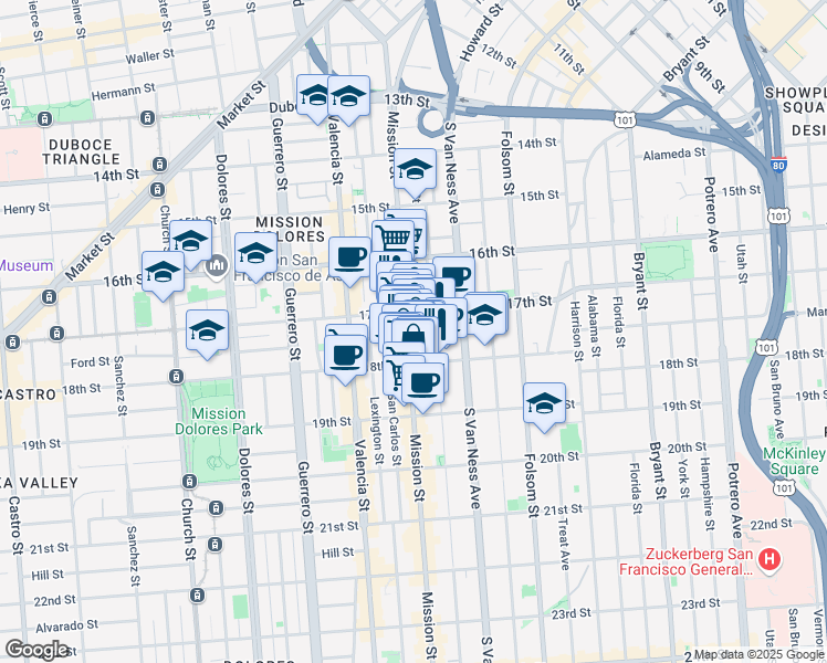 map of restaurants, bars, coffee shops, grocery stores, and more near 238 Capp Street in San Francisco