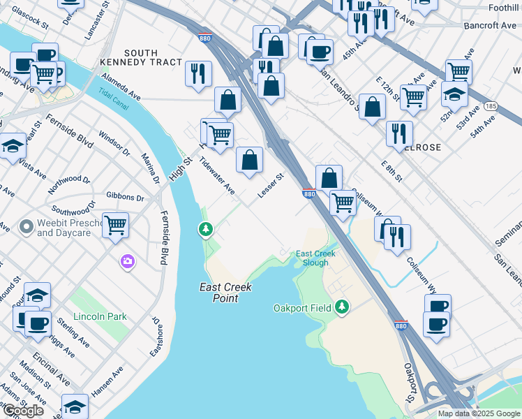 map of restaurants, bars, coffee shops, grocery stores, and more near 414 Lesser Street in Oakland