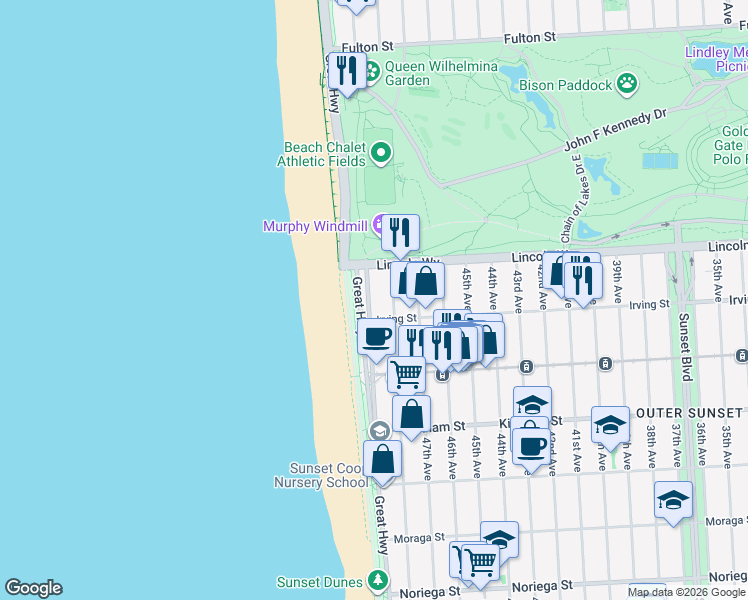 map of restaurants, bars, coffee shops, grocery stores, and more near 1262 La Playa Street in San Francisco
