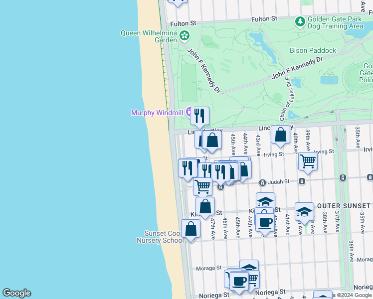 map of restaurants, bars, coffee shops, grocery stores, and more near 1262 La Playa Street in San Francisco
