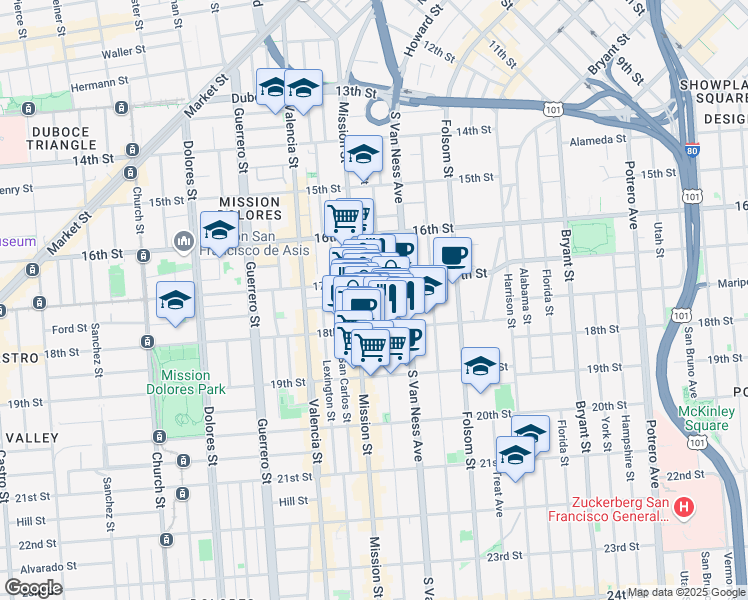 map of restaurants, bars, coffee shops, grocery stores, and more near 238 Capp Street in San Francisco