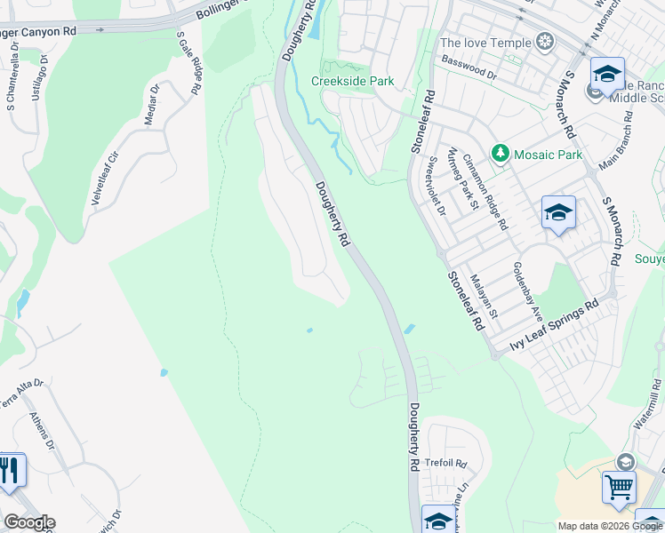 map of restaurants, bars, coffee shops, grocery stores, and more near 1188 Rosamund Drive in San Ramon