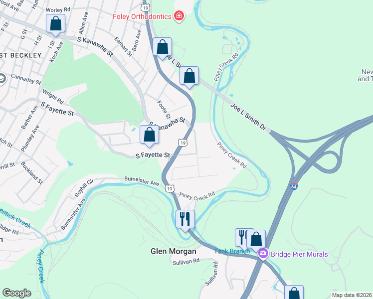map of restaurants, bars, coffee shops, grocery stores, and more near 103 Virginia Avenue in Beckley