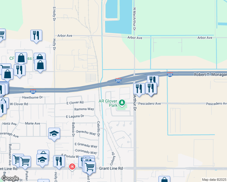 map of restaurants, bars, coffee shops, grocery stores, and more near 400 Toni Court in Tracy