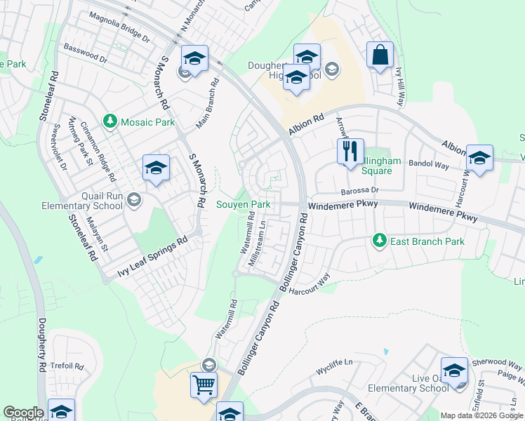 map of restaurants, bars, coffee shops, grocery stores, and more near 2448 Millstream Lane in San Ramon