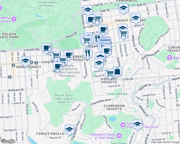 map of restaurants, bars, coffee shops, grocery stores, and more near in San Francisco