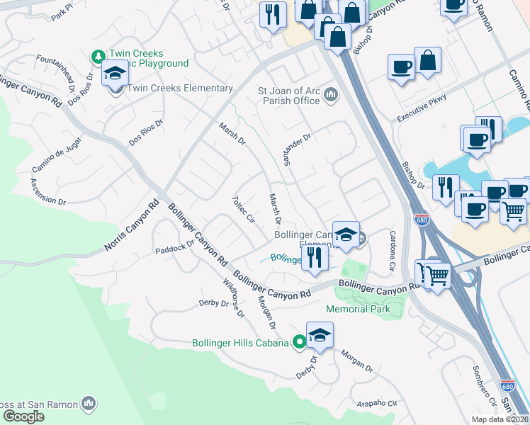 map of restaurants, bars, coffee shops, grocery stores, and more near 2519 Malaga Court in San Ramon
