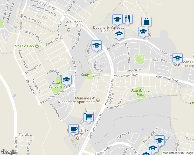 map of restaurants, bars, coffee shops, grocery stores, and more near 2464 Millstream Lane in San Ramon