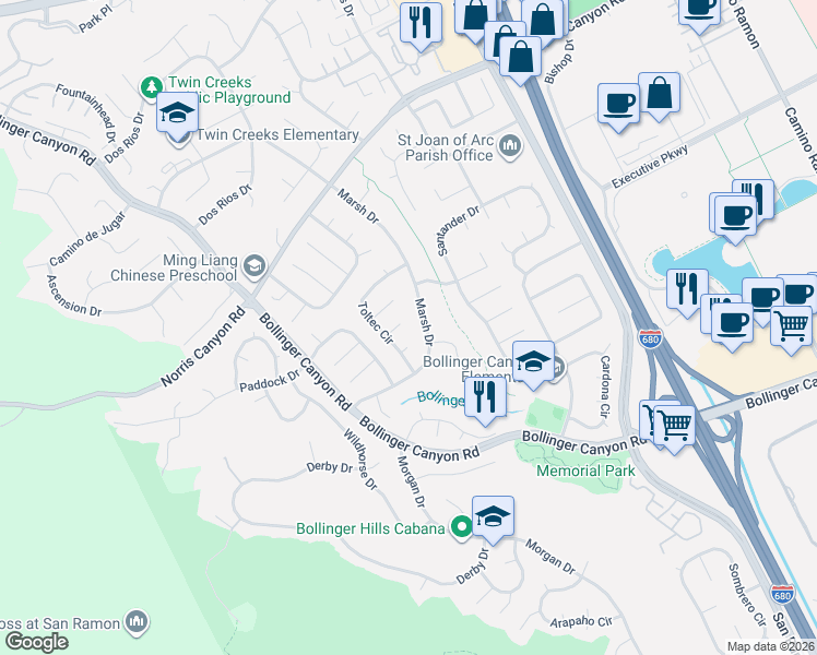 map of restaurants, bars, coffee shops, grocery stores, and more near 109 Posada Court in San Ramon