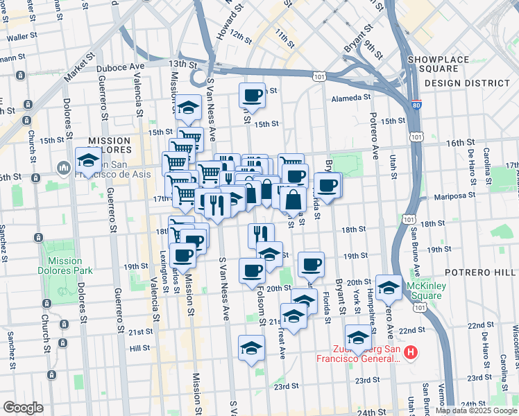 map of restaurants, bars, coffee shops, grocery stores, and more near 2169 Folsom Street in San Francisco