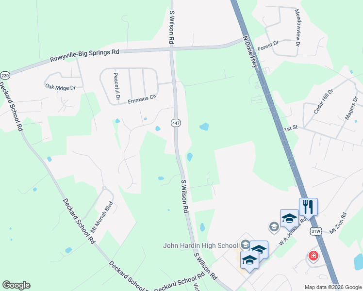 map of restaurants, bars, coffee shops, grocery stores, and more near 5502-5858 South Wilson Road in Elizabethtown