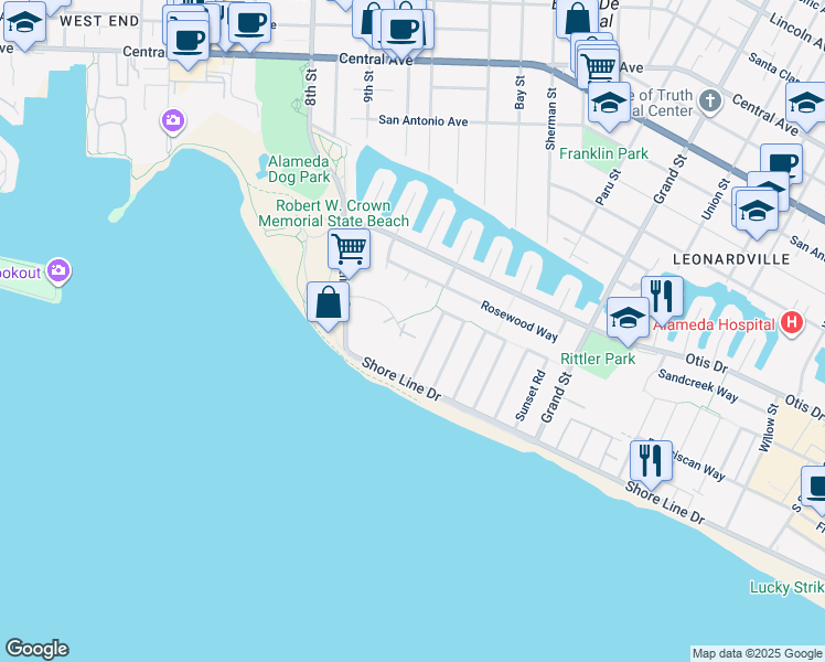 map of restaurants, bars, coffee shops, grocery stores, and more near 955 Shorepoint Court in Alameda