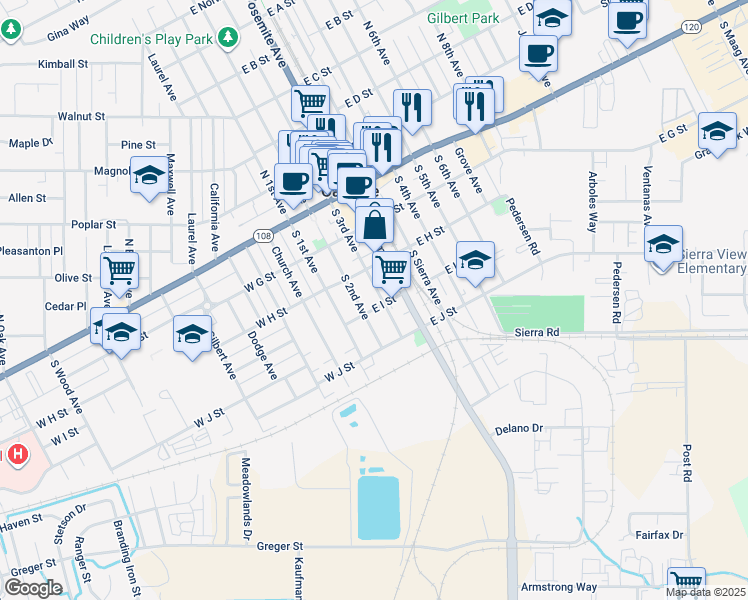 map of restaurants, bars, coffee shops, grocery stores, and more near 205 East I Street in Oakdale