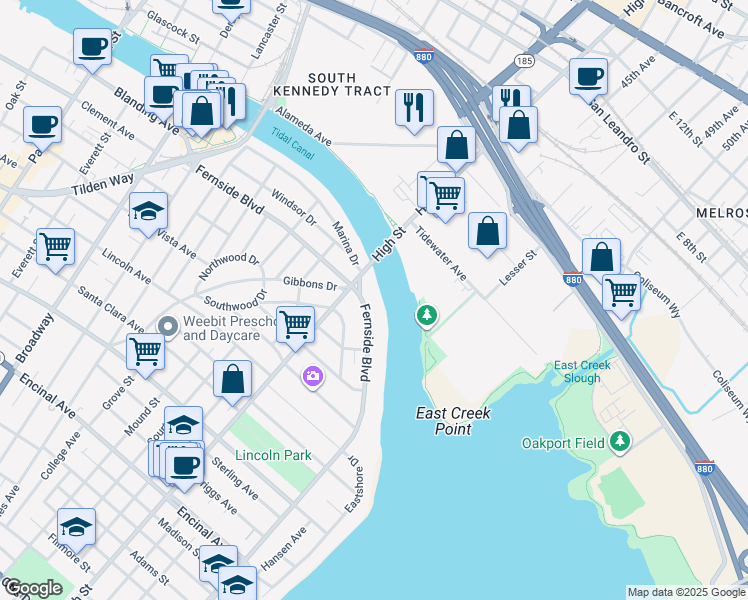 map of restaurants, bars, coffee shops, grocery stores, and more near 3222 Fernside Boulevard in Alameda