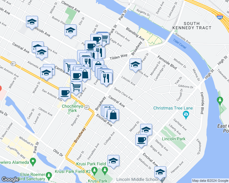 map of restaurants, bars, coffee shops, grocery stores, and more near 2617 Central Avenue in Alameda
