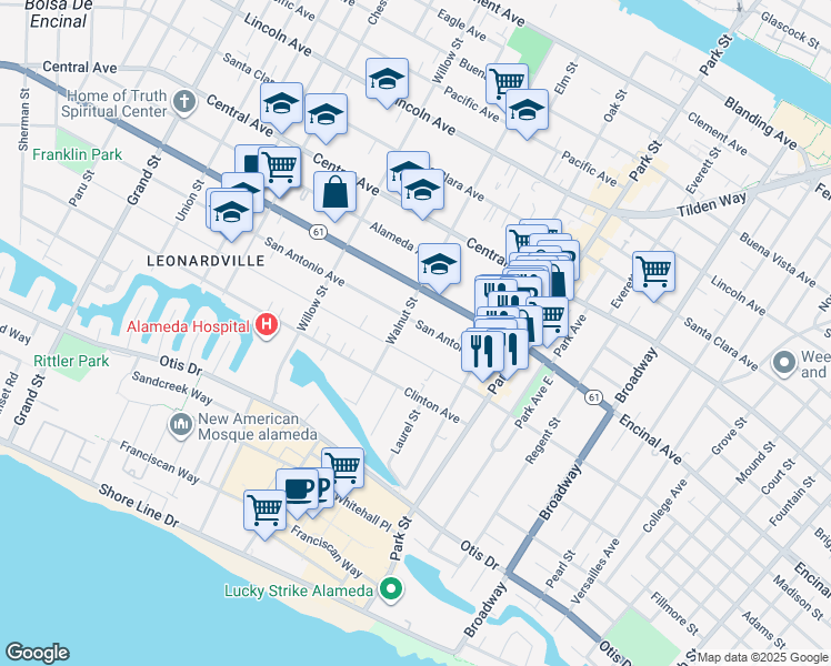 map of restaurants, bars, coffee shops, grocery stores, and more near 2217 San Jose Avenue in Alameda