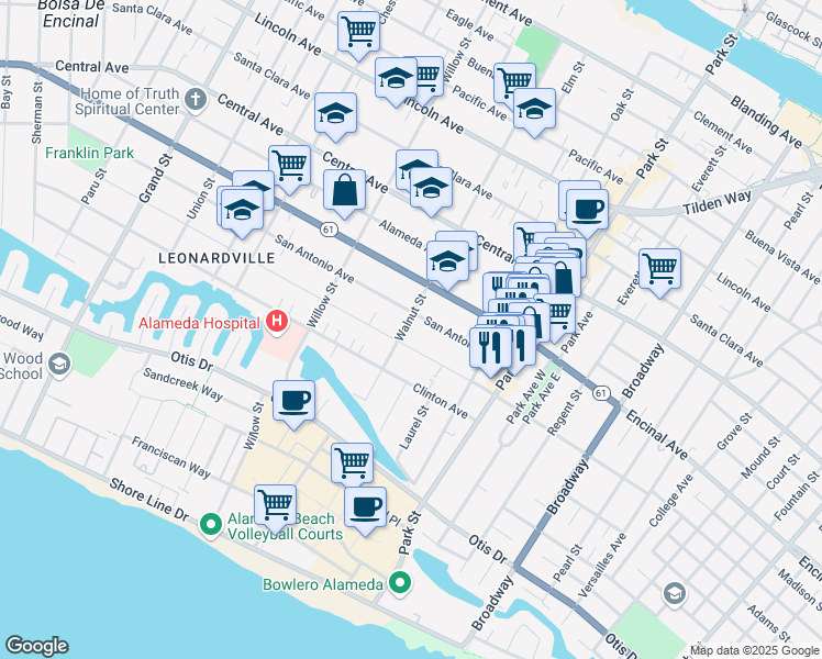 map of restaurants, bars, coffee shops, grocery stores, and more near 2217 San Jose Avenue in Alameda