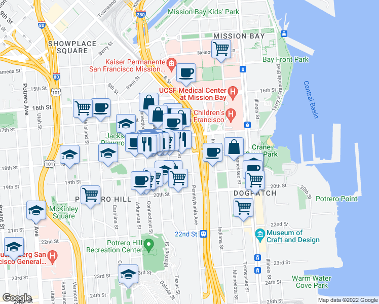 map of restaurants, bars, coffee shops, grocery stores, and more near 300 Pennsylvania Avenue in San Francisco